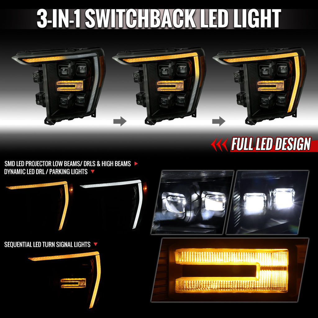2021-2023 Ford F-150 Full LED Projector Headlights w/ Switchback LED Sequential Turn Signals DRL Parking Light Strip (Black Housing / Smoked Lens)  - Fits Models w/ Factory Halogen Headlights