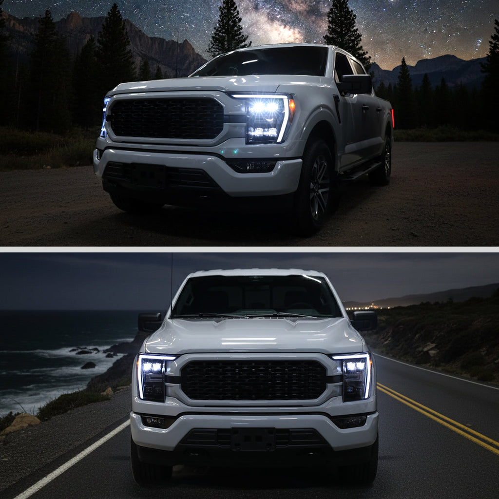 2021-2023 Ford F-150 Full LED Projector Headlights w/ Switchback LED Sequential Turn Signals DRL Parking Light Strip (Black Housing / Smoked Lens)  - Fits Models w/ Factory Halogen Headlights