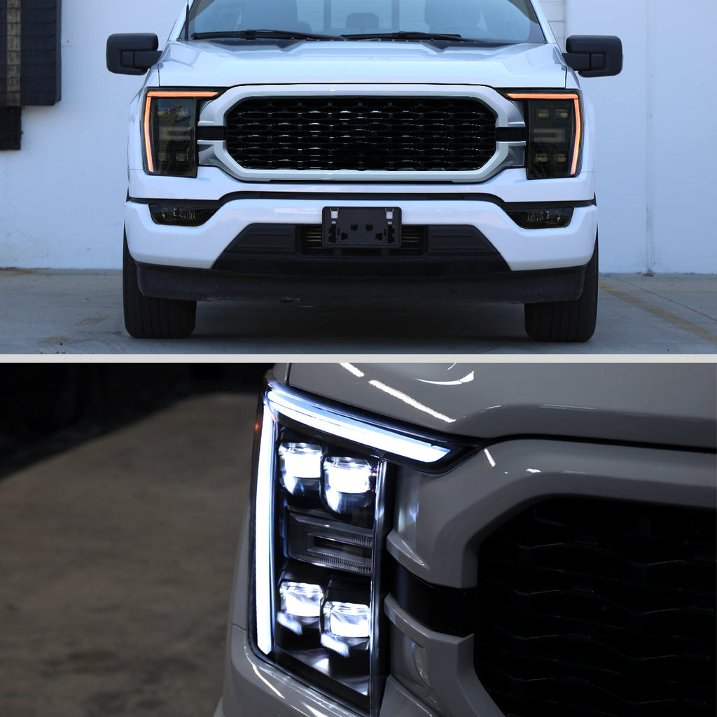 2021-2023 Ford F-150 Full LED Projector Headlights w/ Switchback LED Sequential Turn Signals DRL Parking Light Strip (Black Housing / Smoked Lens)  - Fits Models w/ Factory Halogen Headlights