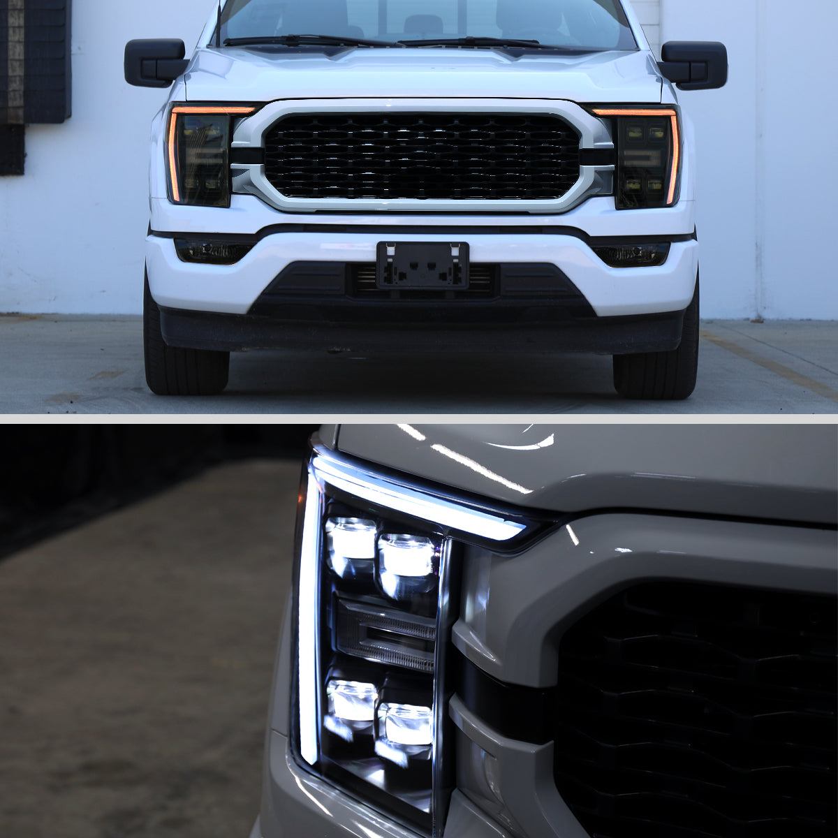 2021-2023 Ford F-150 Full LED Projector Headlights w/ Switchback LED Sequential Turn Signals DRL Parking Light Strip (Black Housing / Smoked Lens)  - Fits Models w/ Factory Halogen Headlights