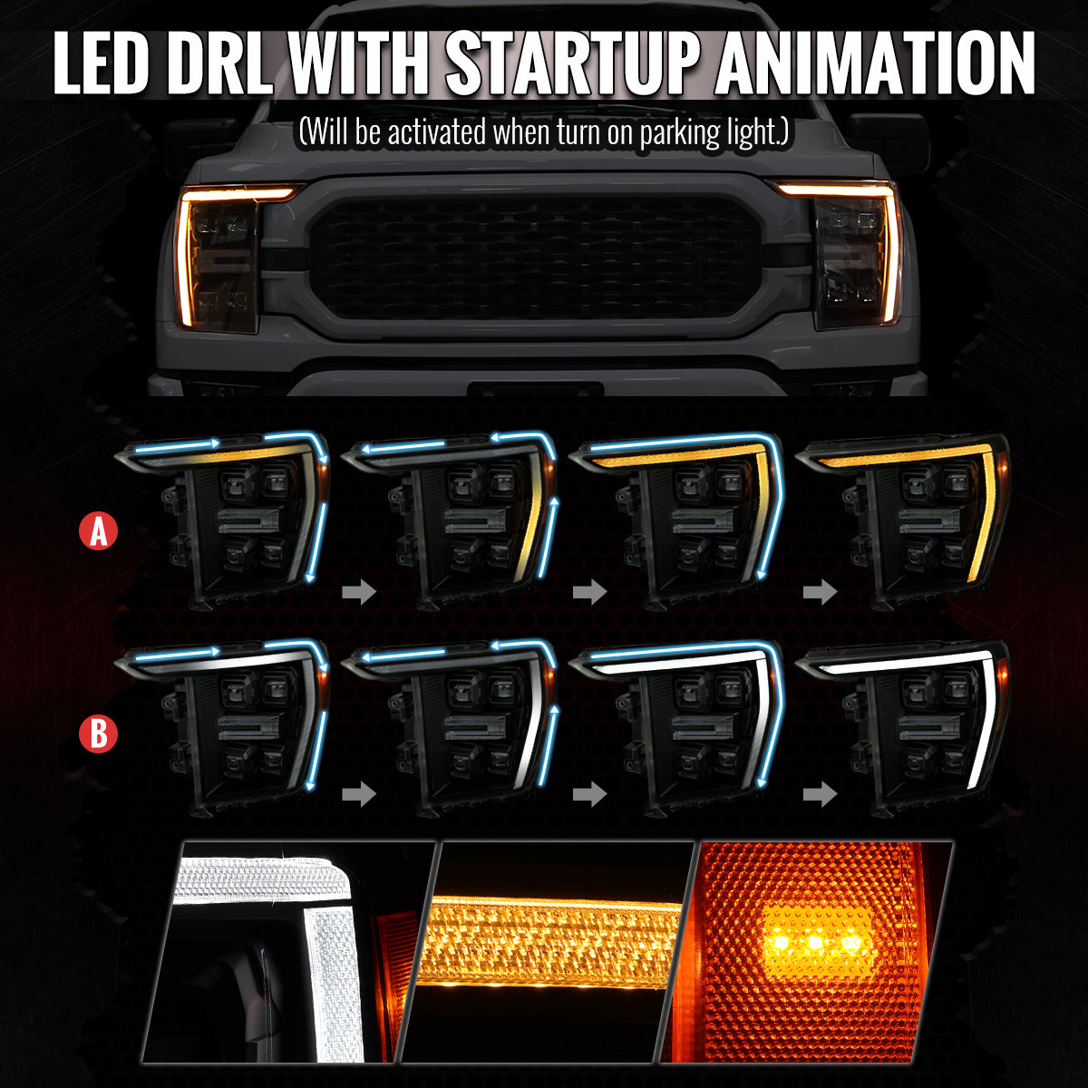 2021-2023 Ford F-150 Full LED Projector Headlights w/ Switchback LED Sequential Turn Signals DRL Parking Light Strip (Black Housing / Smoked Lens)  - Fits Models w/ Factory Halogen Headlights
