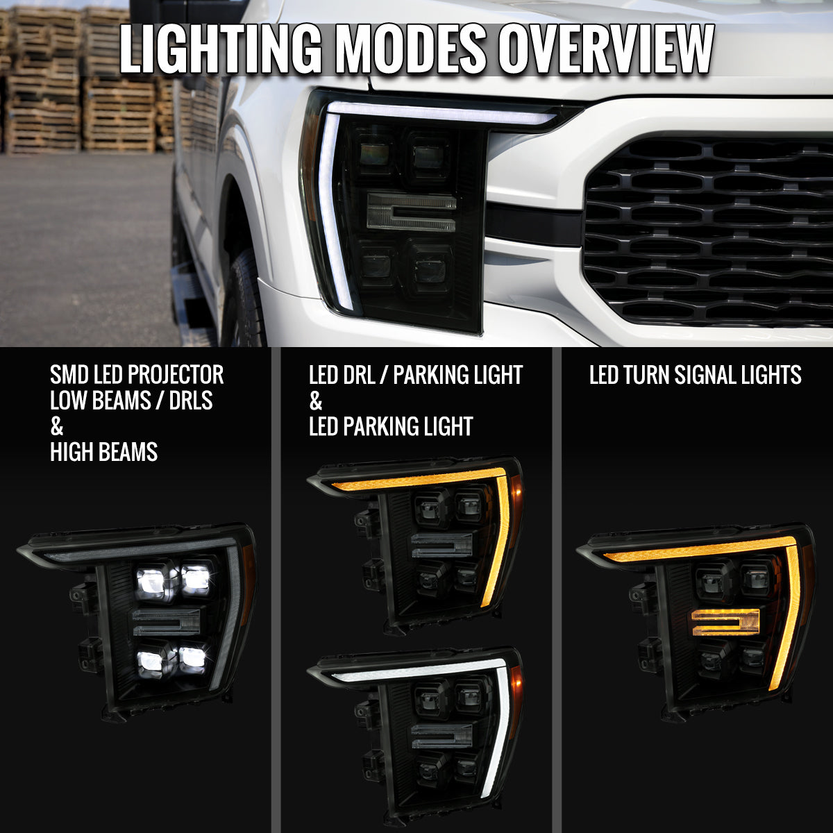 2021-2023 Ford F-150 Full LED Projector Headlights w/ Switchback LED Sequential Turn Signals DRL Parking Light Strip (Black Housing / Smoked Lens)  - Fits Models w/ Factory Halogen Headlights
