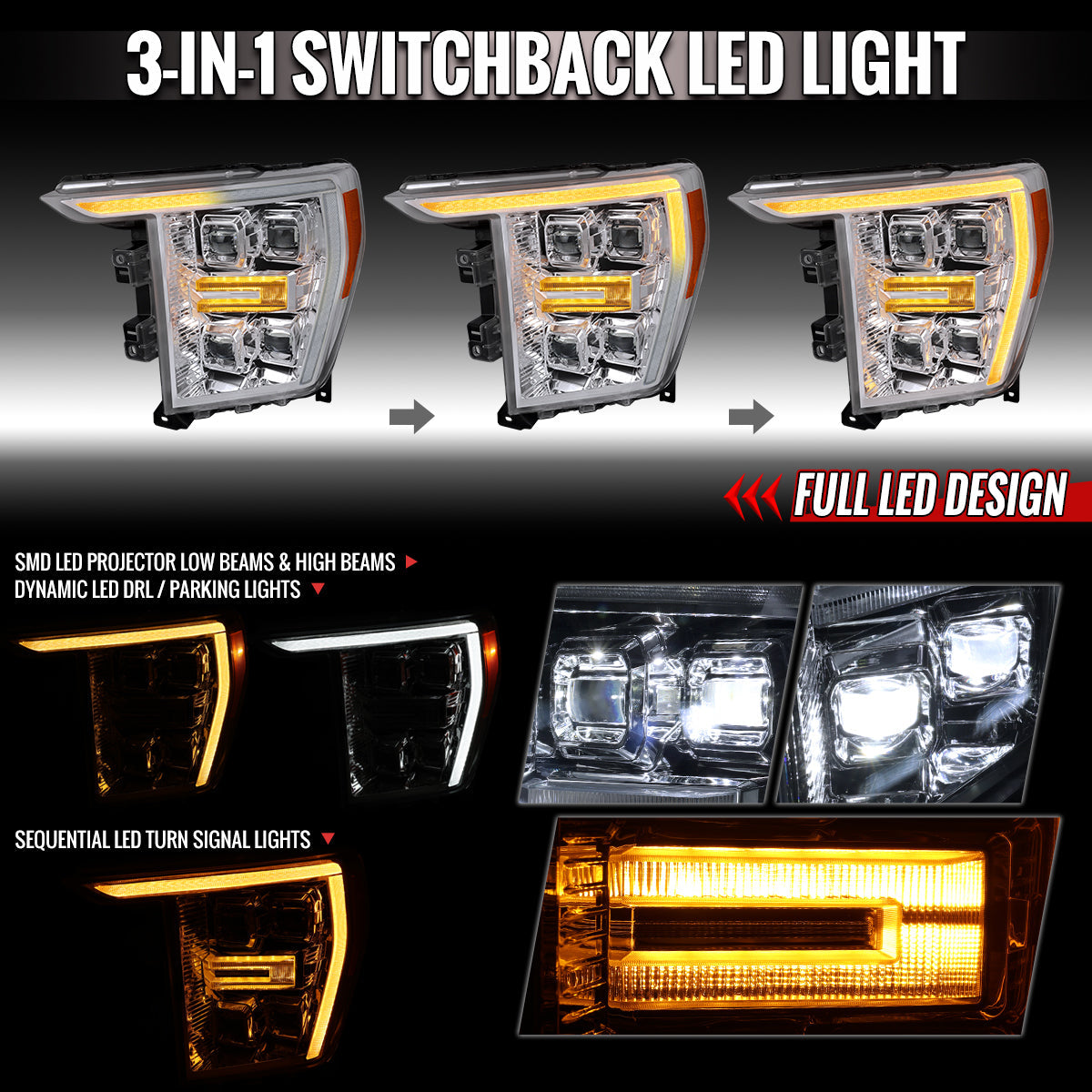 2021-2023 Ford F-150 Full LED Projector Headlights w/ Switchback LED Sequential Turn Signals DRL Parking Light Strip (Chrome Housing / Clear Lens)  - Fits Models w/ Factory LED Headlights