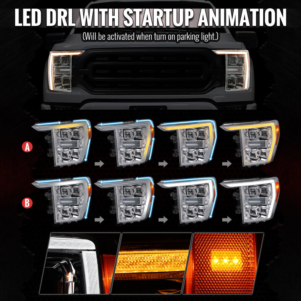 2021-2023 Ford F-150 Full LED Projector Headlights w/ Switchback LED Sequential Turn Signals DRL Parking Light Strip (Chrome Housing / Clear Lens)  - Fits Models w/ Factory LED Headlights