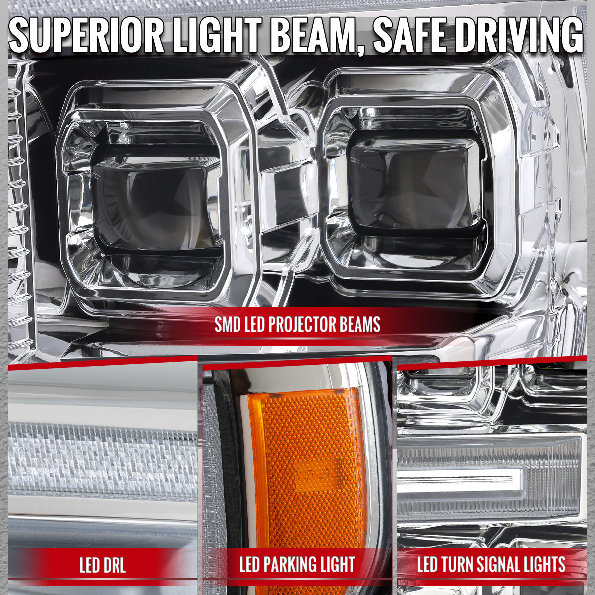 2021-2023 Ford F-150 Full LED Projector Headlights w/ Switchback LED Sequential Turn Signals DRL Parking Light Strip (Chrome Housing / Clear Lens)  - Fits Models w/ Factory LED Headlights