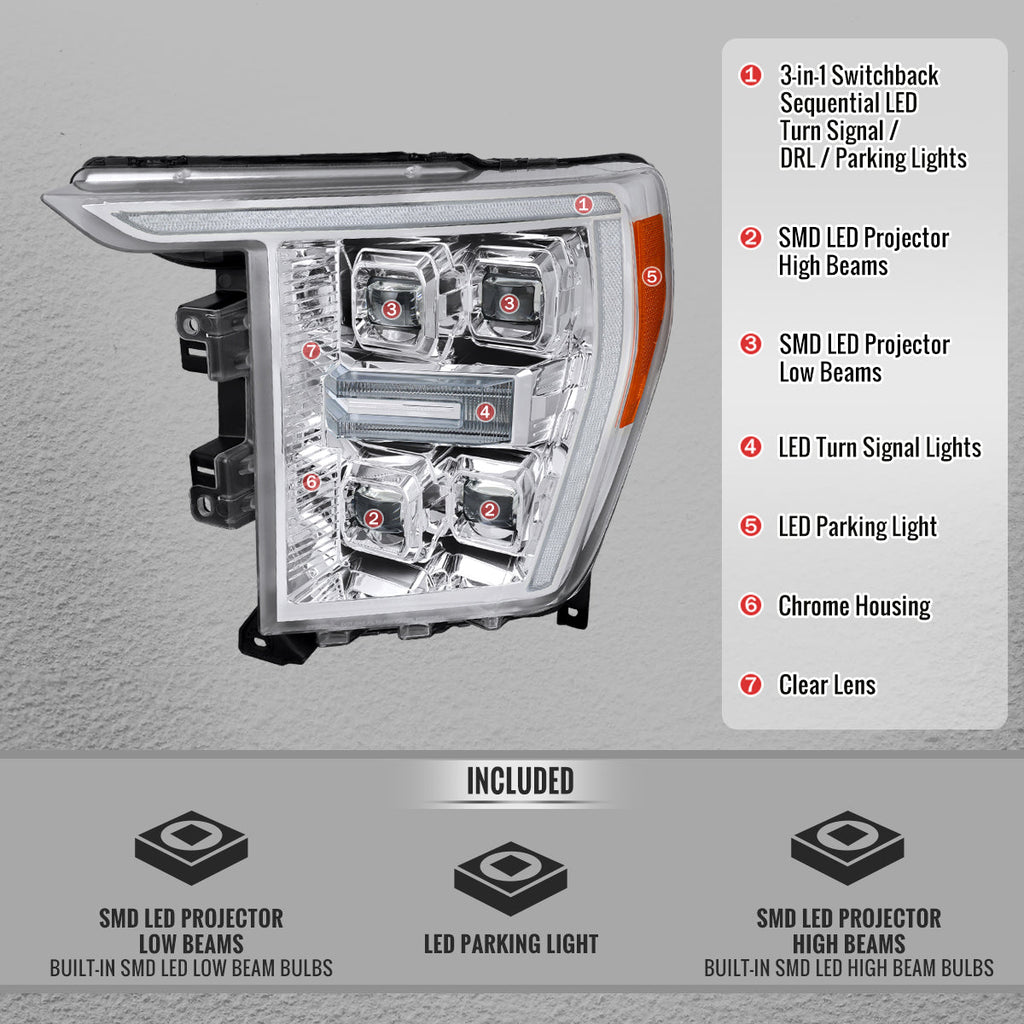 2021-2023 Ford F-150 Full LED Projector Headlights w/ Switchback LED Sequential Turn Signals DRL Parking Light Strip (Chrome Housing / Clear Lens)  - Fits Models w/ Factory LED Headlights