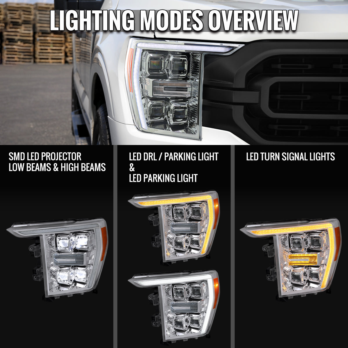 2021-2023 Ford F-150 Full LED Projector Headlights w/ Switchback LED Sequential Turn Signals DRL Parking Light Strip (Chrome Housing / Clear Lens)  - Fits Models w/ Factory LED Headlights