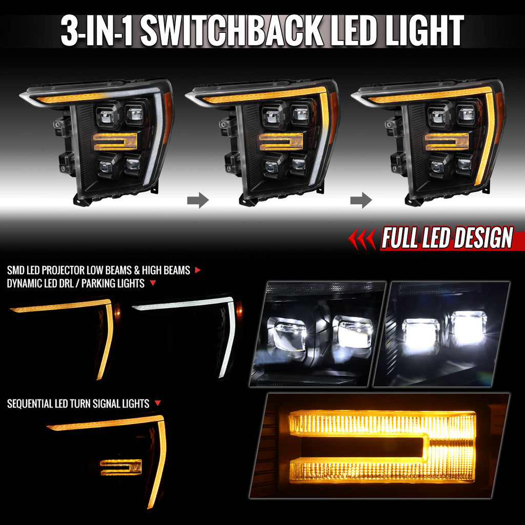 2021-2023 Ford F-150 Full LED Projector Headlights w/ Switchback LED Sequential Turn Signals DRL Parking Light Strip (Matte Black Housing / Clear Lens) - Fits Models w/ Factory LED Headlights