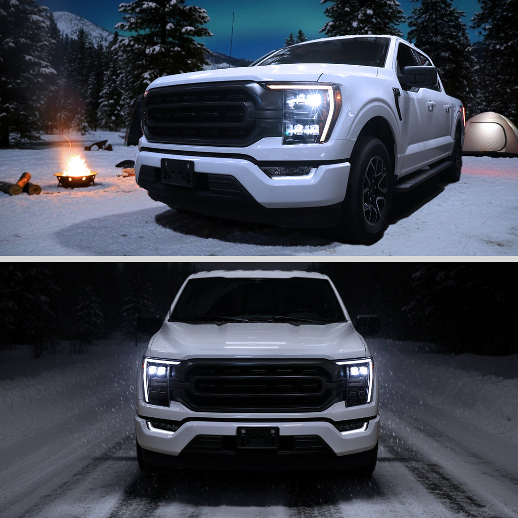2021-2023 Ford F-150 Full LED Projector Headlights w/ Switchback LED Sequential Turn Signals DRL Parking Light Strip (Matte Black Housing / Clear Lens) - Fits Models w/ Factory LED Headlights