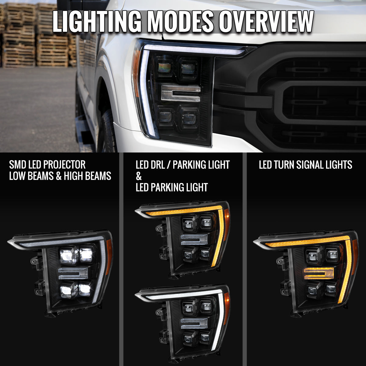 2021-2023 Ford F-150 Full LED Projector Headlights w/ Switchback LED Sequential Turn Signals DRL Parking Light Strip (Matte Black Housing / Clear Lens) - Fits Models w/ Factory LED Headlights