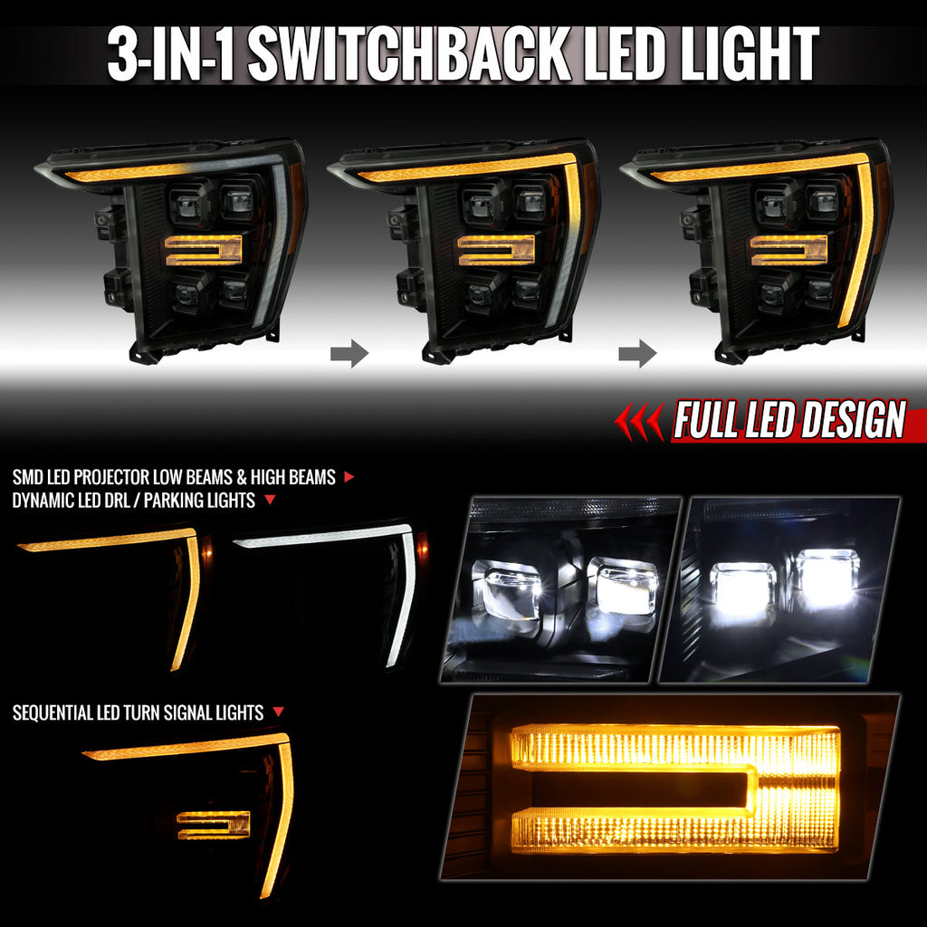 2021-2023 Ford F-150 Full LED Projector Headlights w/ Switchback LED Sequential Turn Signals DRL Parking Light Strip (Black Housing / Smoked Lens)  - Fits Models w/ Factory LED Headlights