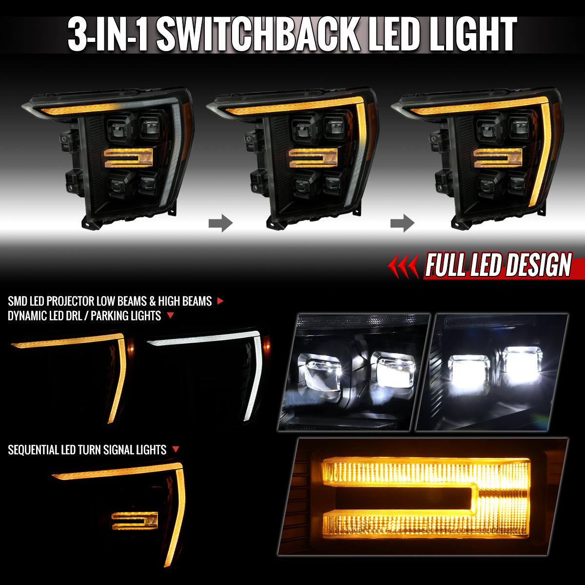 2021-2023 Ford F-150 Full LED Projector Headlights w/ Switchback LED Sequential Turn Signals DRL Parking Light Strip (Black Housing / Smoked Lens)  - Fits Models w/ Factory LED Headlights