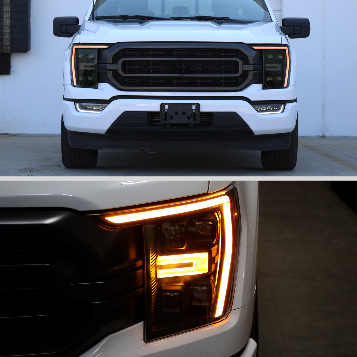 2021-2023 Ford F-150 Full LED Projector Headlights w/ Switchback LED Sequential Turn Signals DRL Parking Light Strip (Black Housing / Smoked Lens)  - Fits Models w/ Factory LED Headlights
