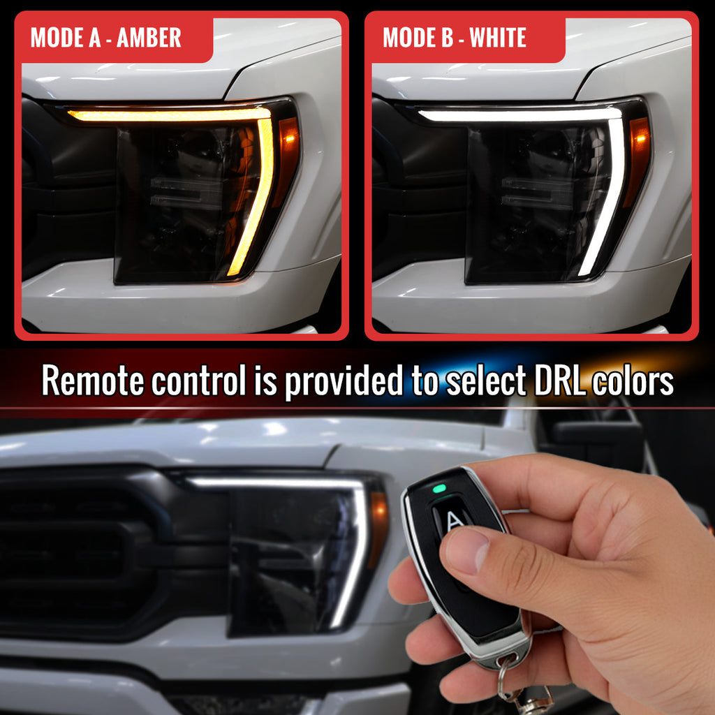 2021-2023 Ford F-150 Full LED Projector Headlights w/ Switchback LED Sequential Turn Signals DRL Parking Light Strip (Black Housing / Smoked Lens)  - Fits Models w/ Factory LED Headlights