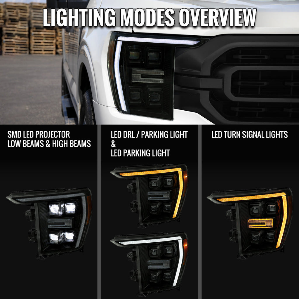 2021-2023 Ford F-150 Full LED Projector Headlights w/ Switchback LED Sequential Turn Signals DRL Parking Light Strip (Black Housing / Smoked Lens)  - Fits Models w/ Factory LED Headlights