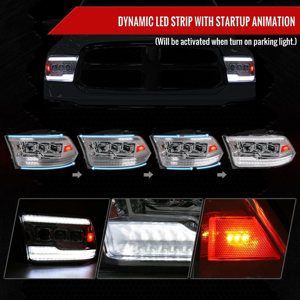 2009-2018 Dodge RAM 1500 / 2019 RAM Classic / 2010-2018 RAM 2500 3500 Switchback Sequential Full LED Projector Headlights (Chrome Housing/Clear Lens)