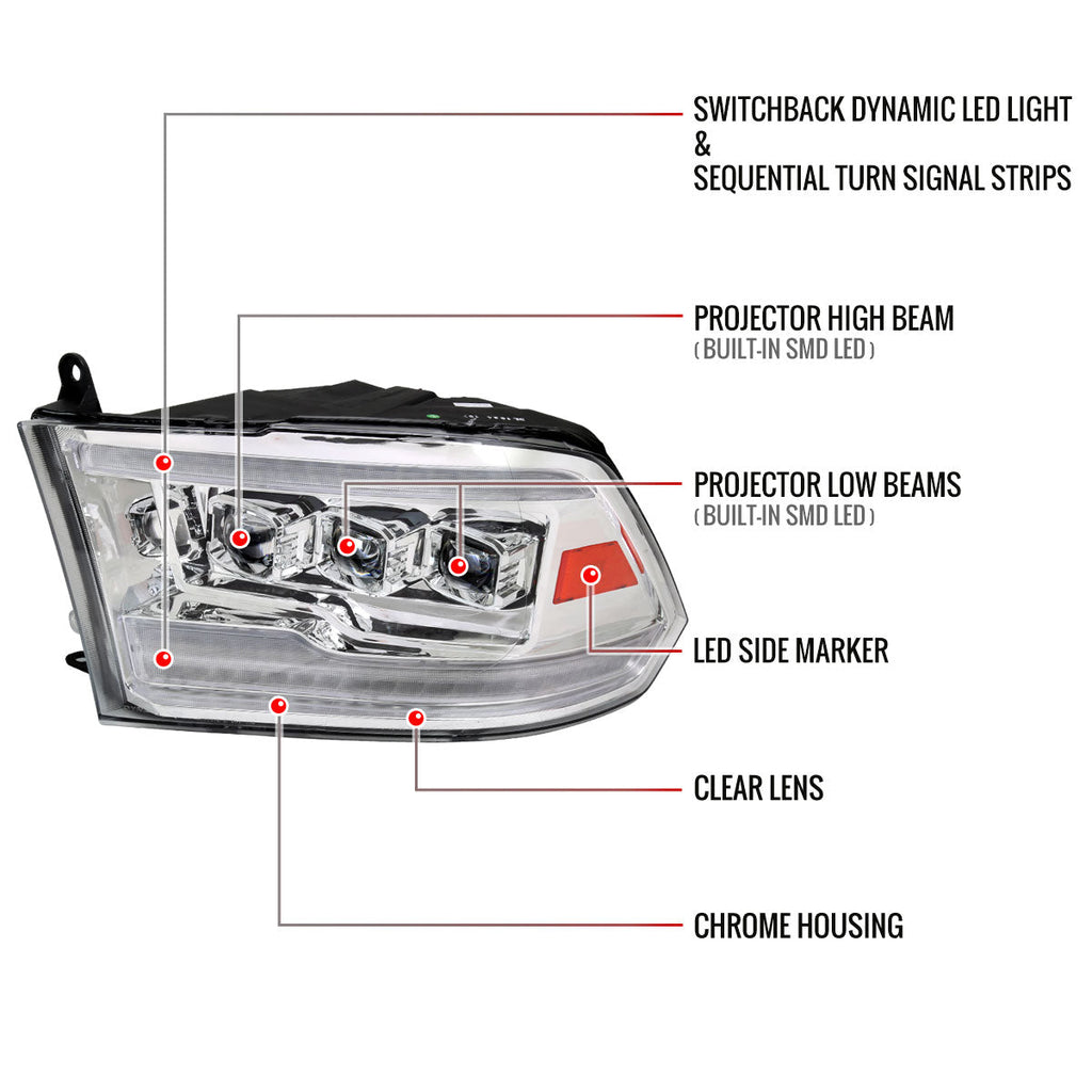 2009-2018 Dodge RAM 1500 / 2019 RAM Classic / 2010-2018 RAM 2500 3500 Switchback Sequential Full LED Projector Headlights (Chrome Housing/Clear Lens)