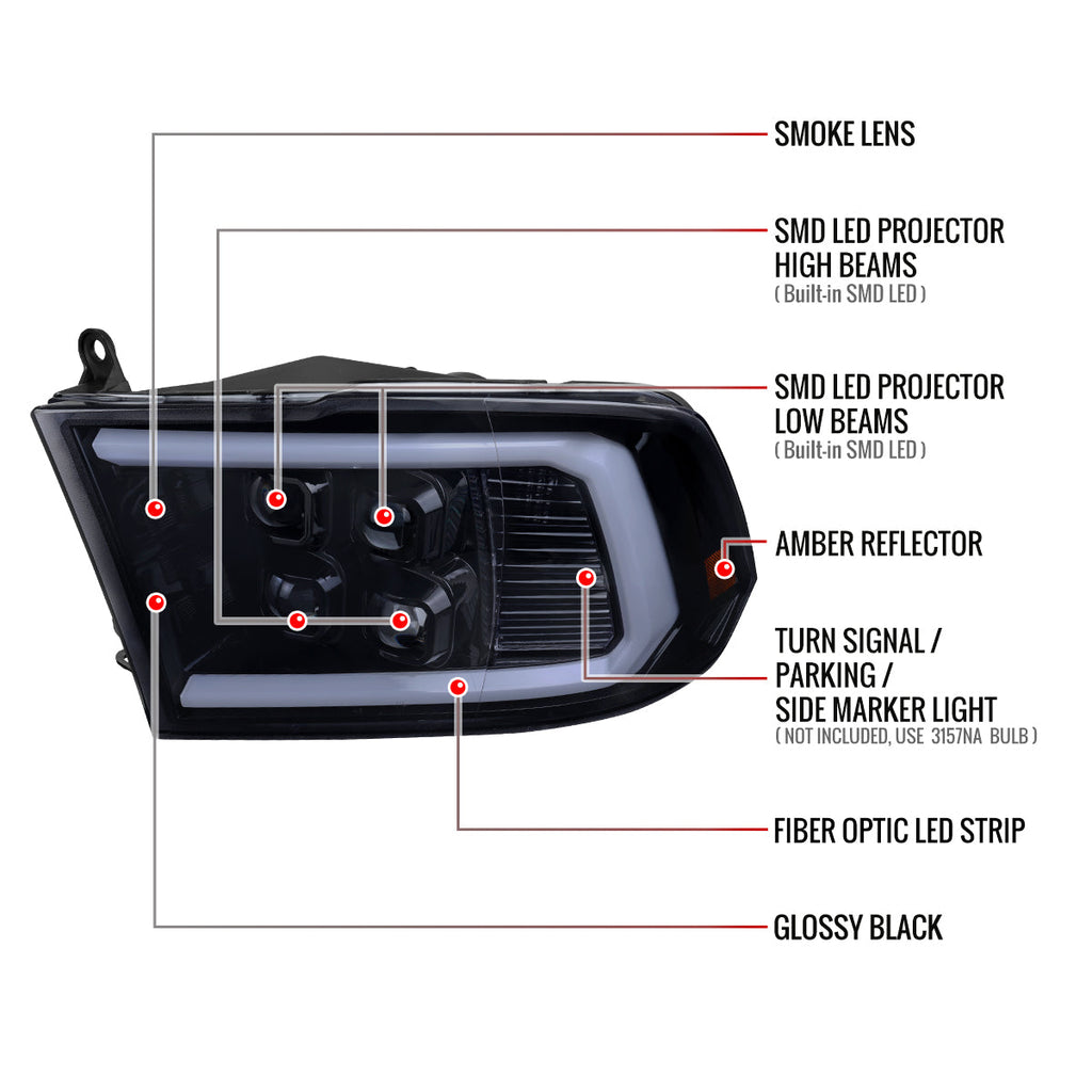 2009-2018 Dodge RAM 1500 / 2019 RAM Classic / 2010-2018 RAM 2500 3500 LED Bar Sequential Turn Signal Projector Headlights (Glossy Black Housing / Smoked Lens)