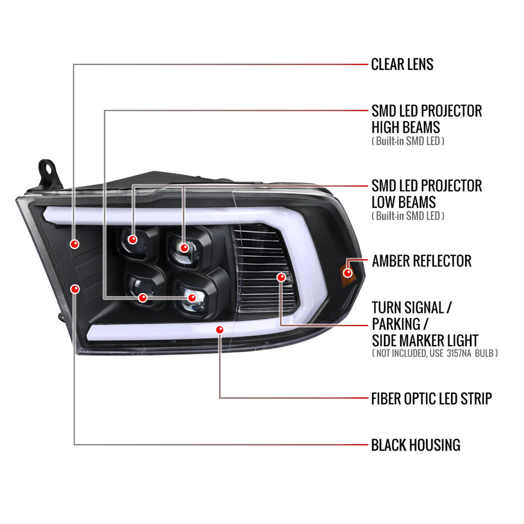 2009-2018 Dodge RAM 1500 / 2019 RAM Classic / 2010-2018 RAM 2500 3500 LED Bar Sequential Turn Signal Projector Headlights (Matte Black Housing / Clear Lens)