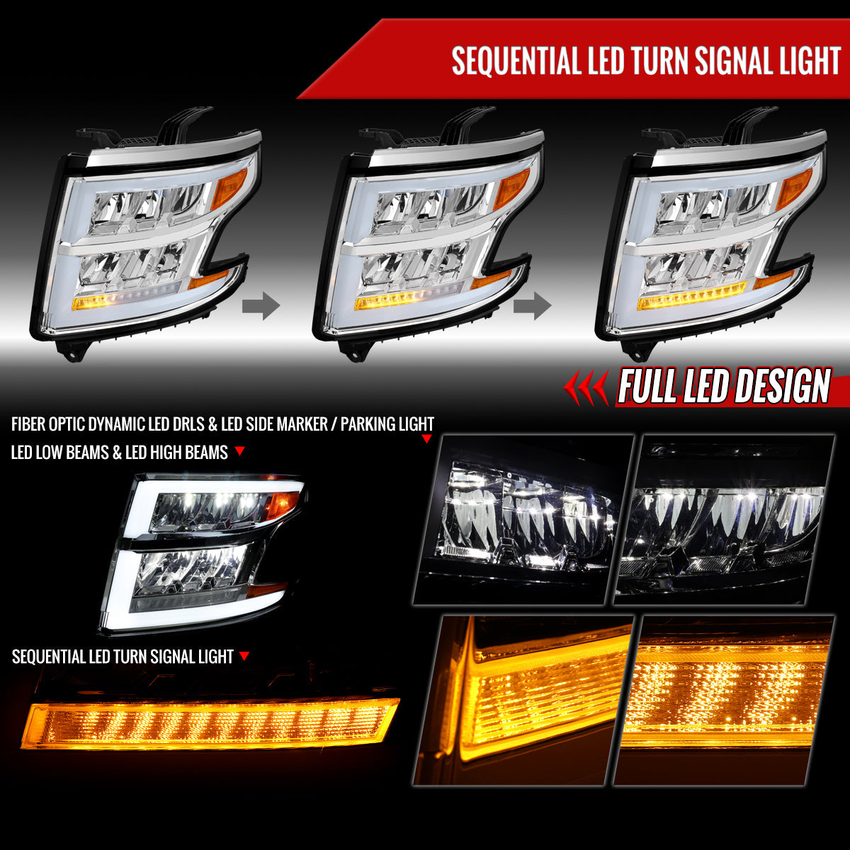 2015-2020 Chevrolet Tahoe Suburban Full LED DRL Sequential Headlights (Chrome Housing / Clear Lens)