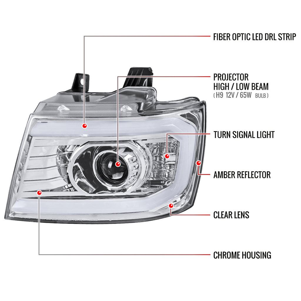 2007-2013 Chevrolet Avalanche/ 2007-2014 Tahoe Suburban LED C-Bar Projector Headlights (Chrome Housing/Clear Lens)