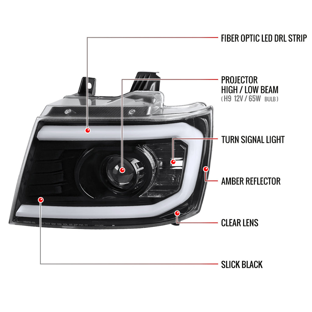 2007-2013 Chevrolet Avalanche/ 2007-2014 Tahoe Suburban LED C-Bar Projector Headlights (Jet Black Housing/Clear Lens)