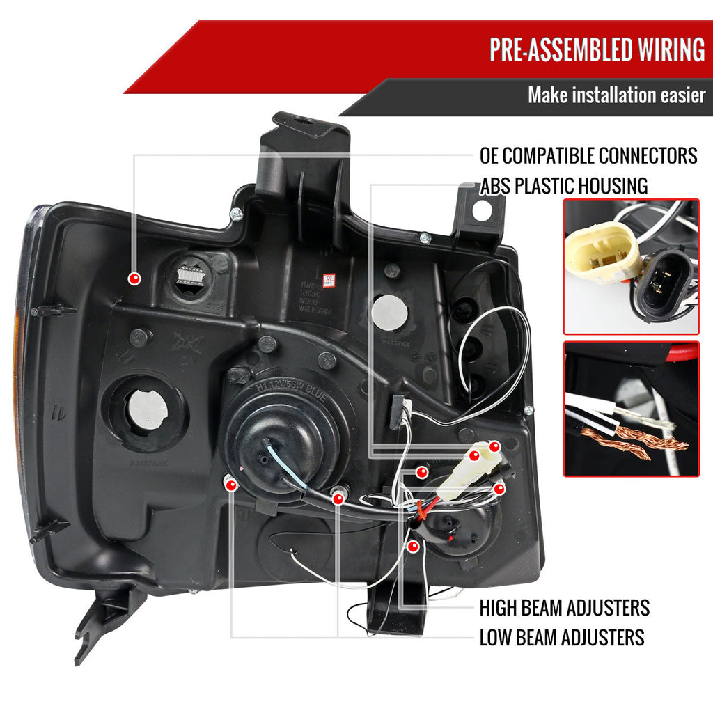 2007-2013 Chevrolet Avalanche/ 2007-2014 Tahoe Suburban Dual Halo Projector Headlights (Jet Black Housing/Clear Lens)