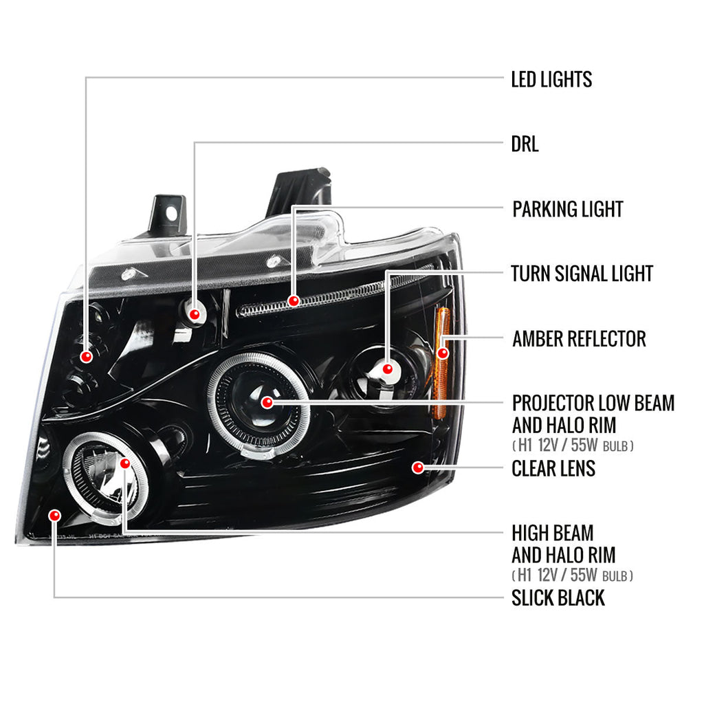2007-2013 Chevrolet Avalanche/ 2007-2014 Tahoe Suburban Dual Halo Projector Headlights (Jet Black Housing/Clear Lens)
