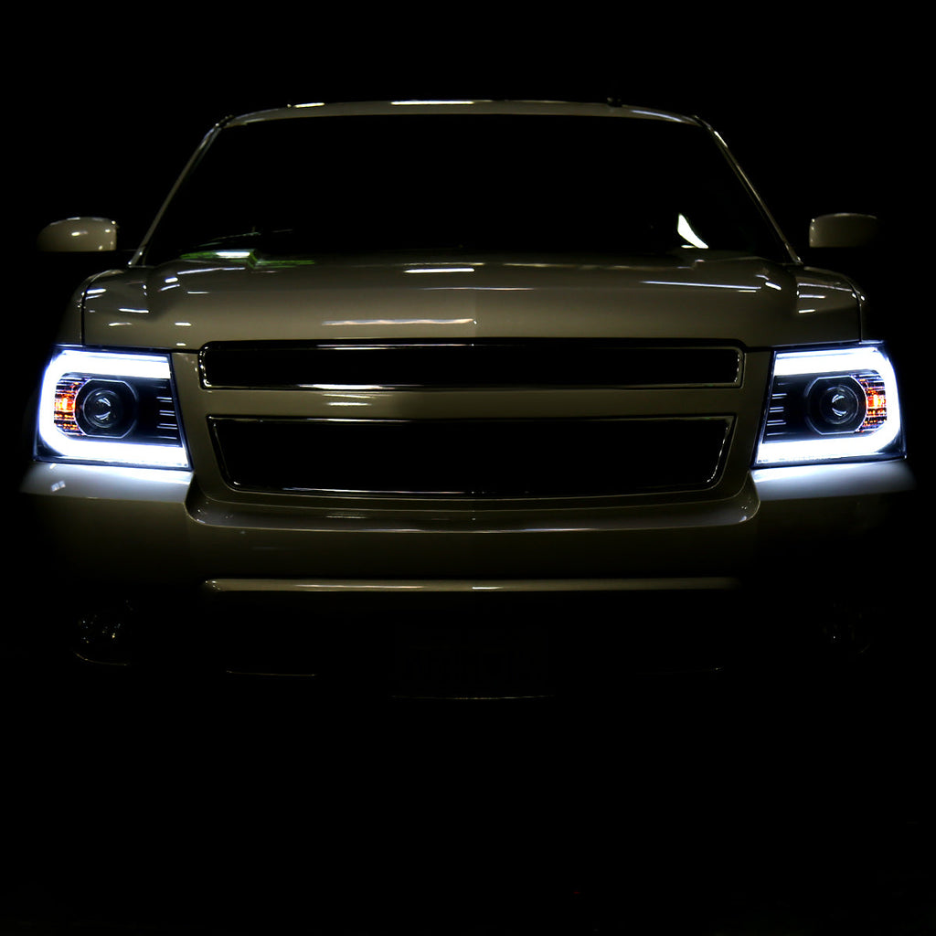 2007-2013 Chevrolet Avalanche/ 2007-2014 Tahoe Suburban LED C-Bar Projector Headlights (Glossy Black Housing/Smoked Lens)