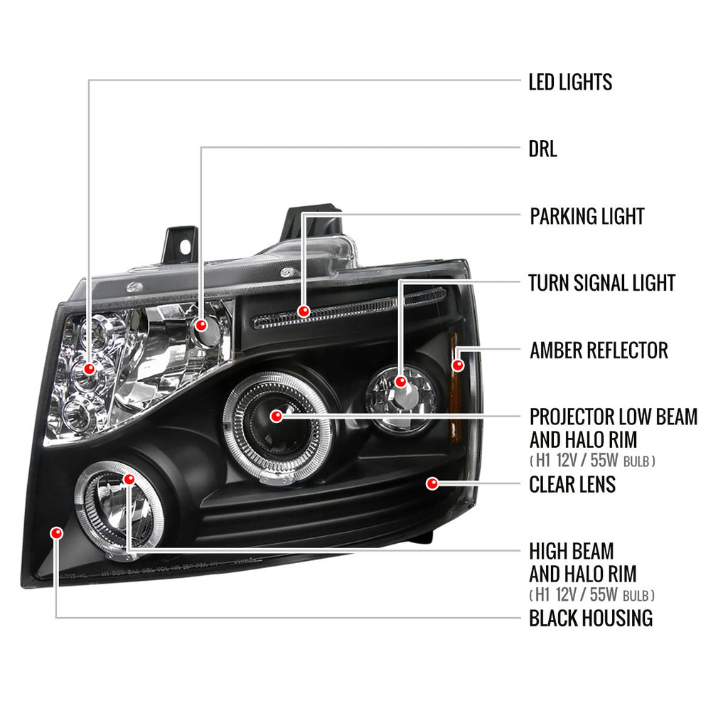 2007-2013 Chevrolet Avalanche/ 2007-2014 Tahoe Suburban Dual Halo Projector Headlights (Matte Black Housing/Clear Lens)