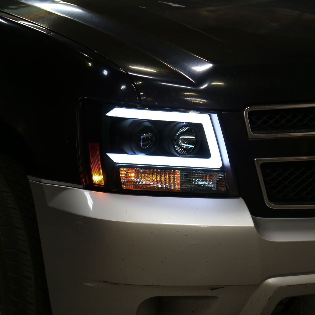 2007-2013 Chevrolet Avalanche/ 2007-2014 Tahoe Suburban LED C-Bar Projector Headlights (Black Housing/Smoked Lens)