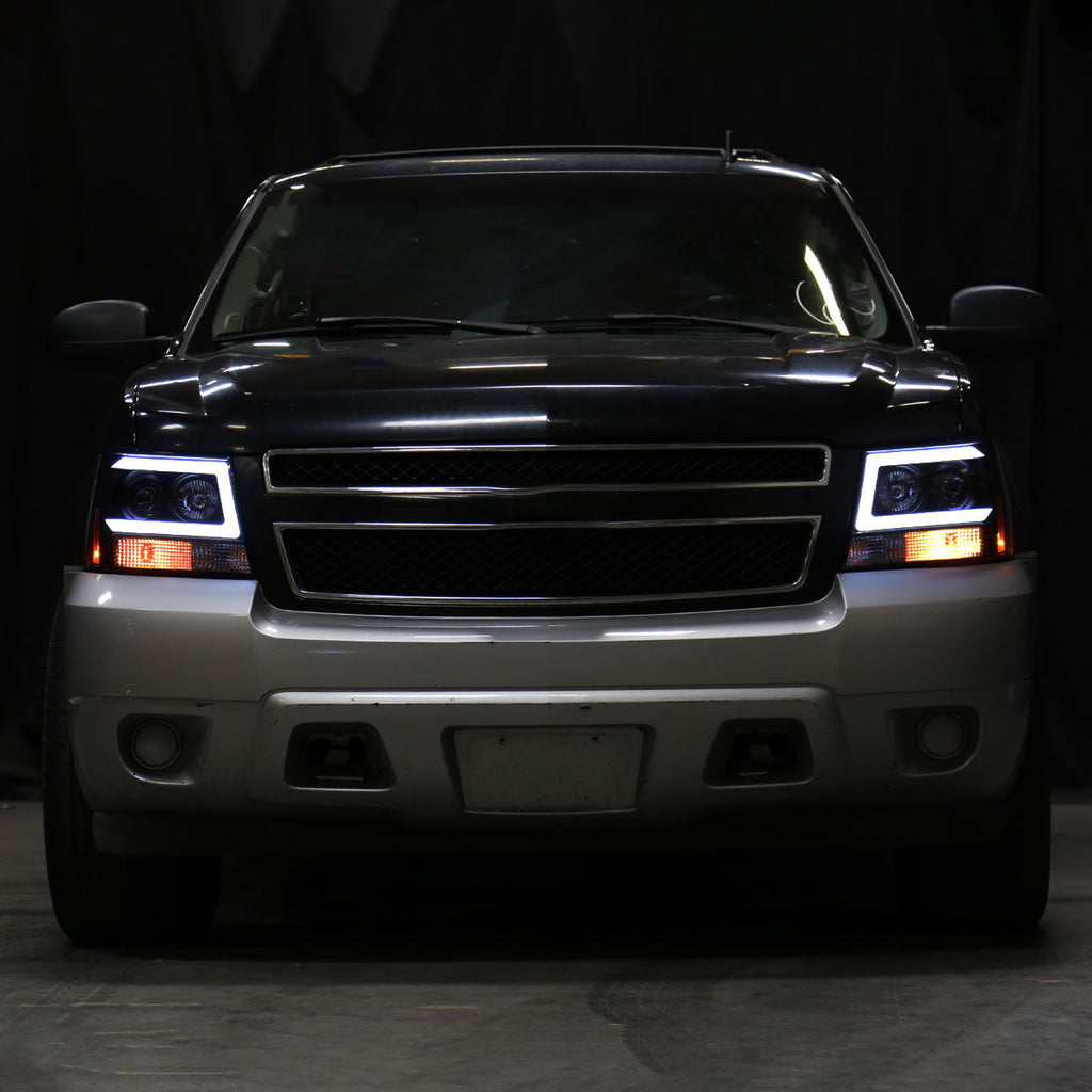 2007-2013 Chevrolet Avalanche/ 2007-2014 Tahoe Suburban LED C-Bar Projector Headlights (Black Housing/Smoked Lens)