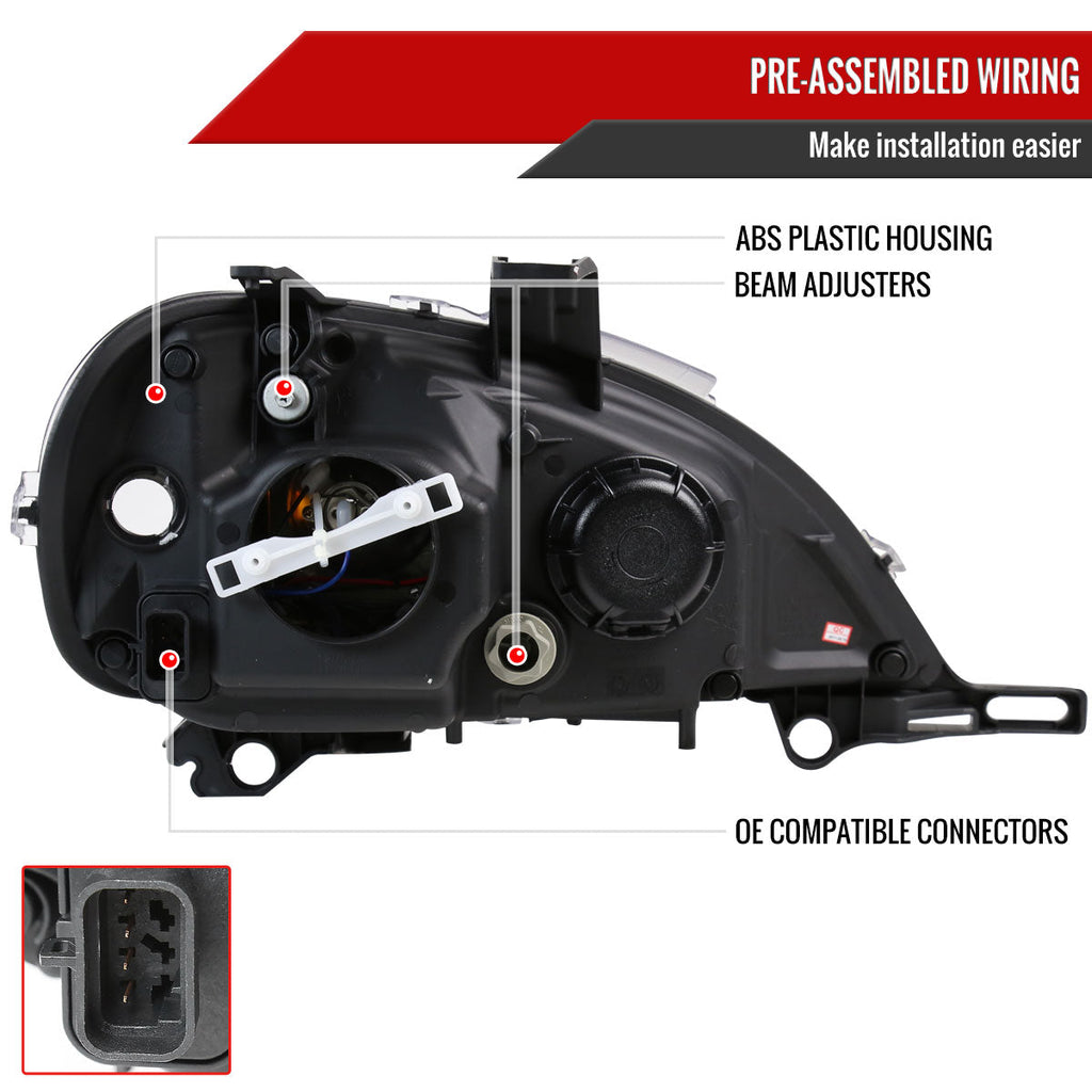 1998-2001 Mercedes Benz W163 ML Class Projector Headlights w/ SMD LED Light Strip (Matte Black Housing/Clear Lens)