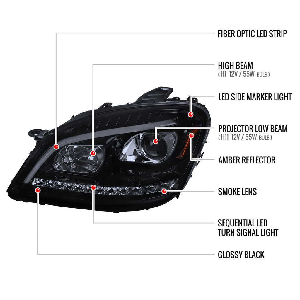 2006-2008 Mercedes Benz W164 ML Class LED Bar Projector Headlights w/ Sequential Turn Signal Lights (Glossy Black Housing/Smoked Lens)