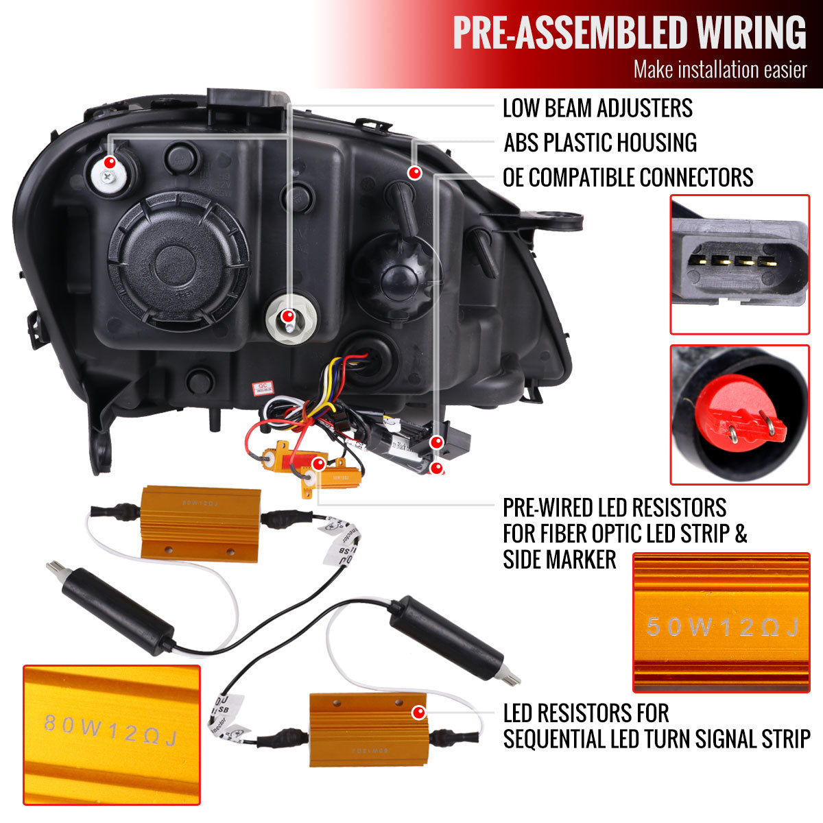 2009-2011 Mercedes Benz W164 ML-Class LED Sequetial Turn Signal Projector Headlights (Glossy Black Housing/Clear Lens)