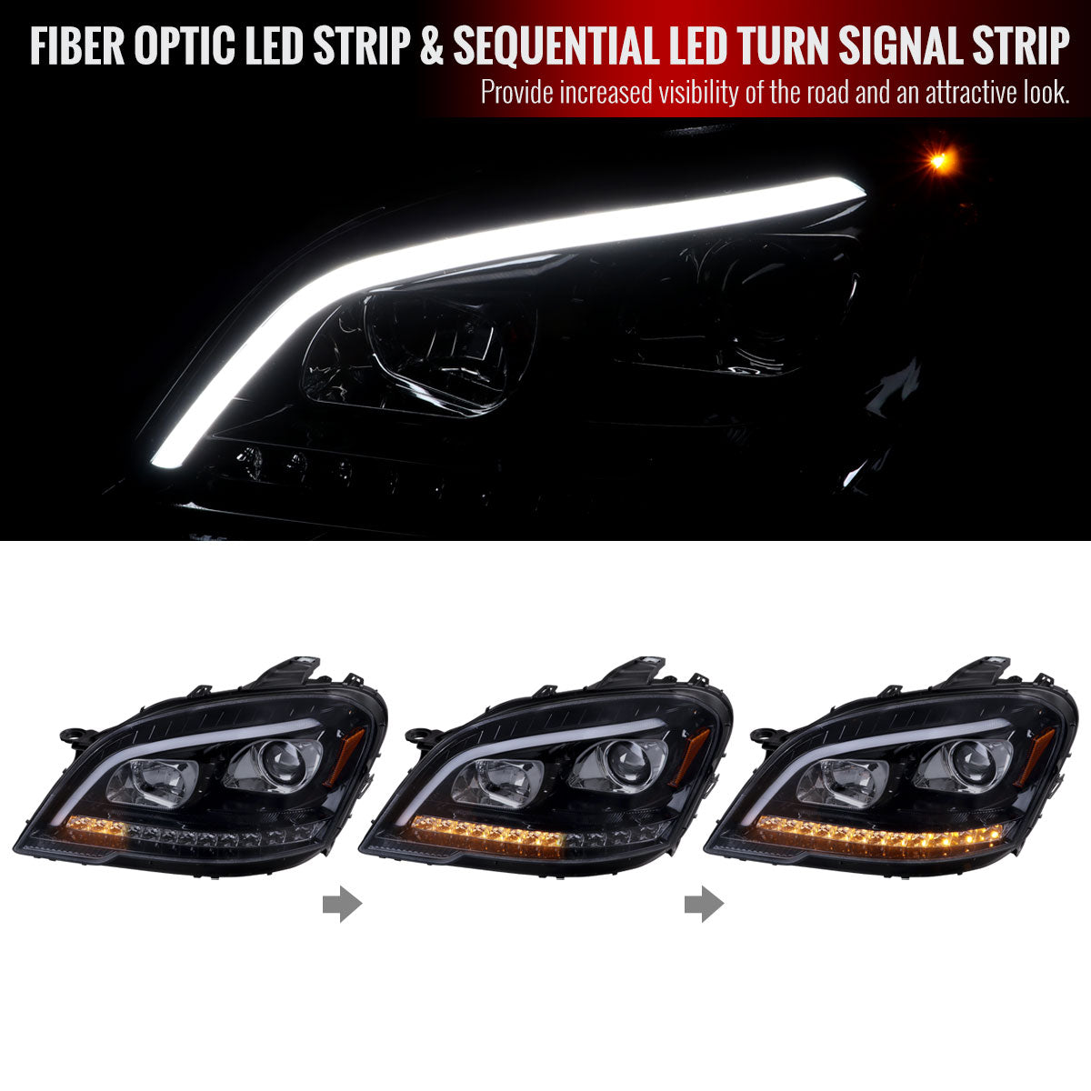 2009-2011 Mercedes Benz W164 ML-Class LED Sequetial Turn Signal Projector Headlights (Glossy Black Housing/Smoked Lens)