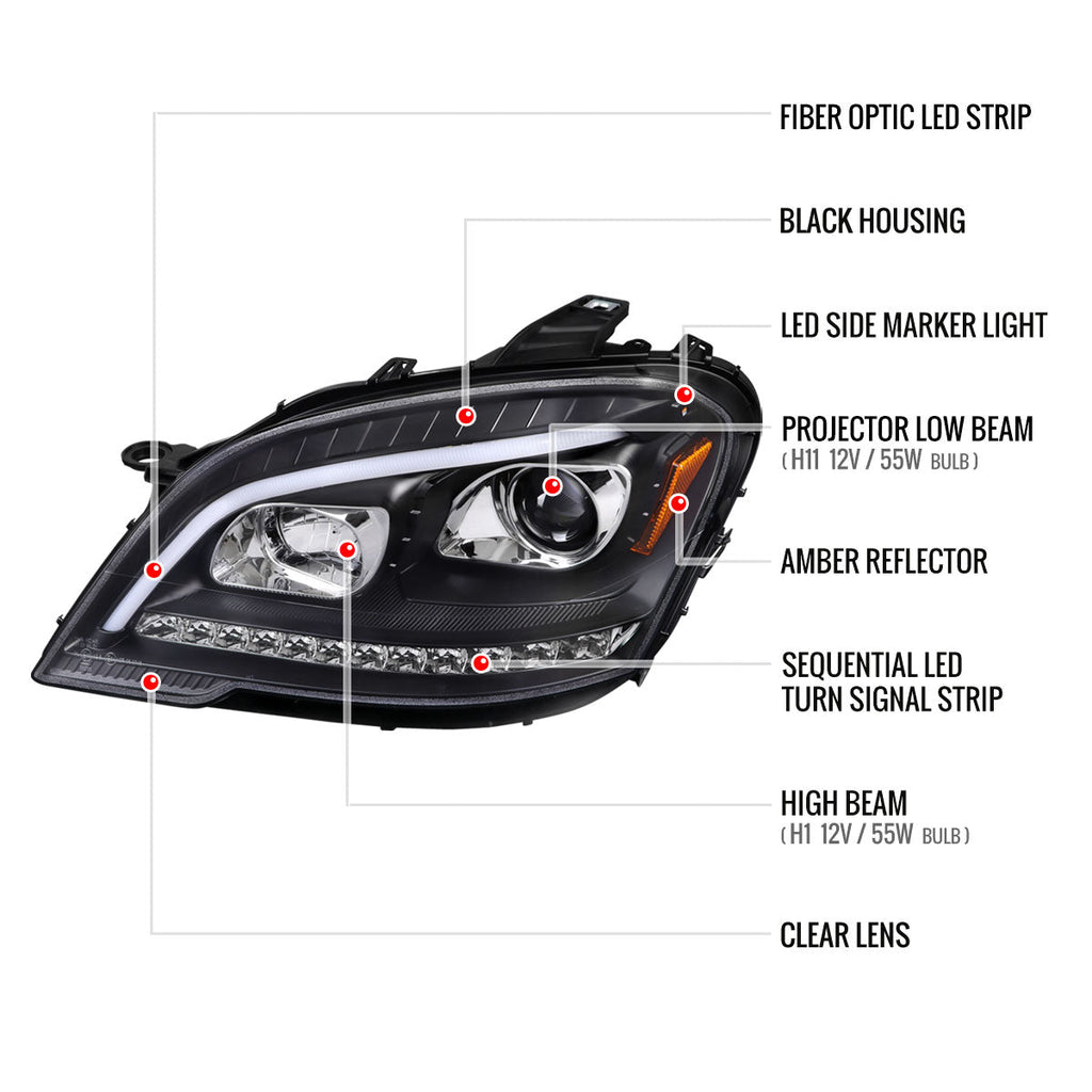 2009-2011 Mercedes Benz W164 ML-Class LED Sequetial Turn Signal Projector Headlights (Matte Black Housing/Clear Lens)