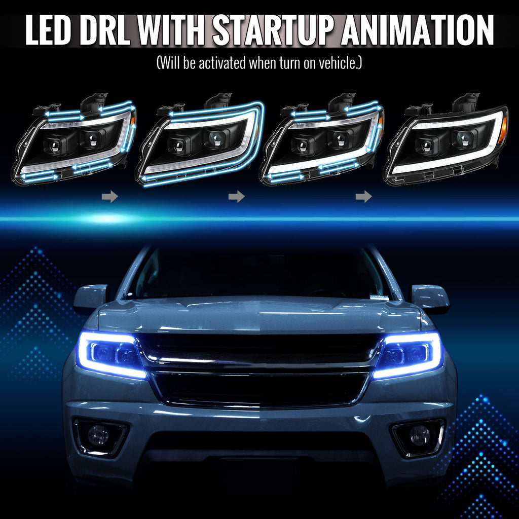 2015-2022 Chevrolet Colorado Projector Headlights w/ LED DRL Light Strip Sequential Turn Signal and Side Marker  (Black Housing / Clear Lens)