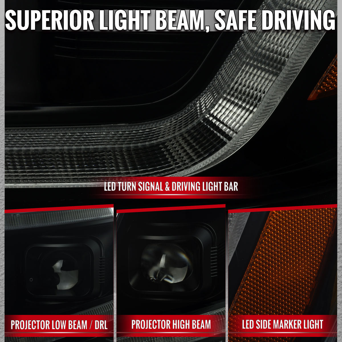 2015-2022 Chevrolet Colorado Projector Headlights w/ LED DRL Light Strip Sequential Turn Signal and Side Marker  (Black Housing / Smoked Lens)
