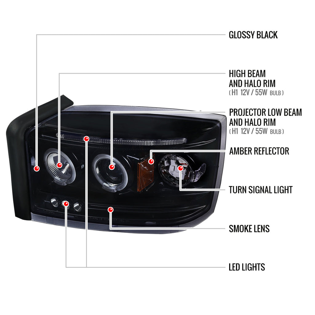 2005-2007 Dodge Dakota Dual Halo Projector Headlights (Glossy Black Housing/Smoked Lens)