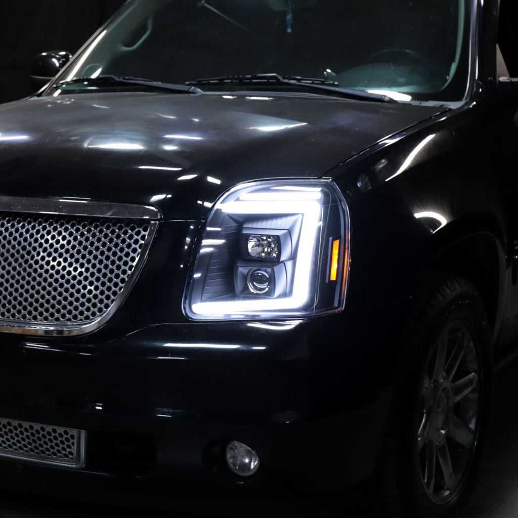2007-2014 GMC Yukon/XL 1500/XL 2500 Switchback Sequential LED Turn Signal Projector Headlights (Matte Black Housing/Clear Lens)