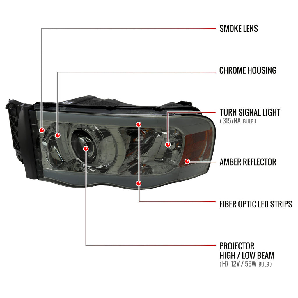 2002-2005 Dodge Ram 1500 / 2003-2005 Dodge Ram 2500 / 3500 LED Tube Projector Headlights (Chrome Housing/Smoked Lens)