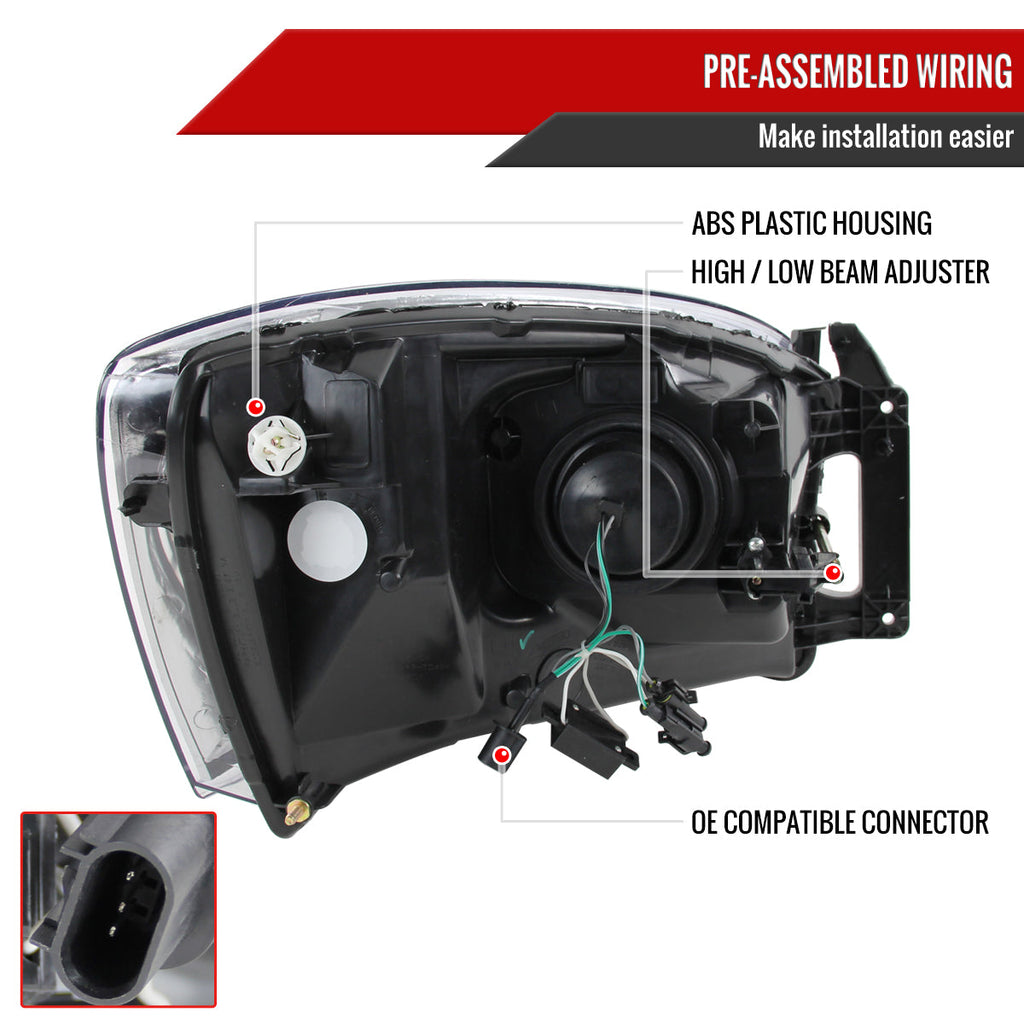 2006-2008 Dodge RAM 1500/ 2006-2009 RAM 2500 3500 Retro Style Projector Headlights (Chrome Housing/Clear Lens)