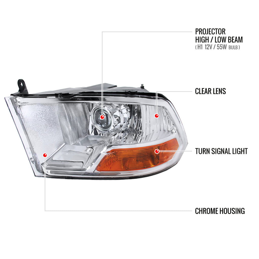 2009-2018 Dodge RAM 1500 / 2019-2021 RAM Classic / 2010-2018 RAM 2500 3500 Retro Style Projector Headlights (Chrome Housing/Clear Lens)
