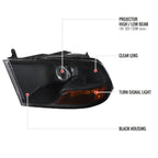 2009-2018 Dodge RAM 1500 / 2019-2021 RAM Classic / 2010-2018 RAM 2500 3500 Retro Style Projector Headlights (Matte Black Housing/Clear Lens)