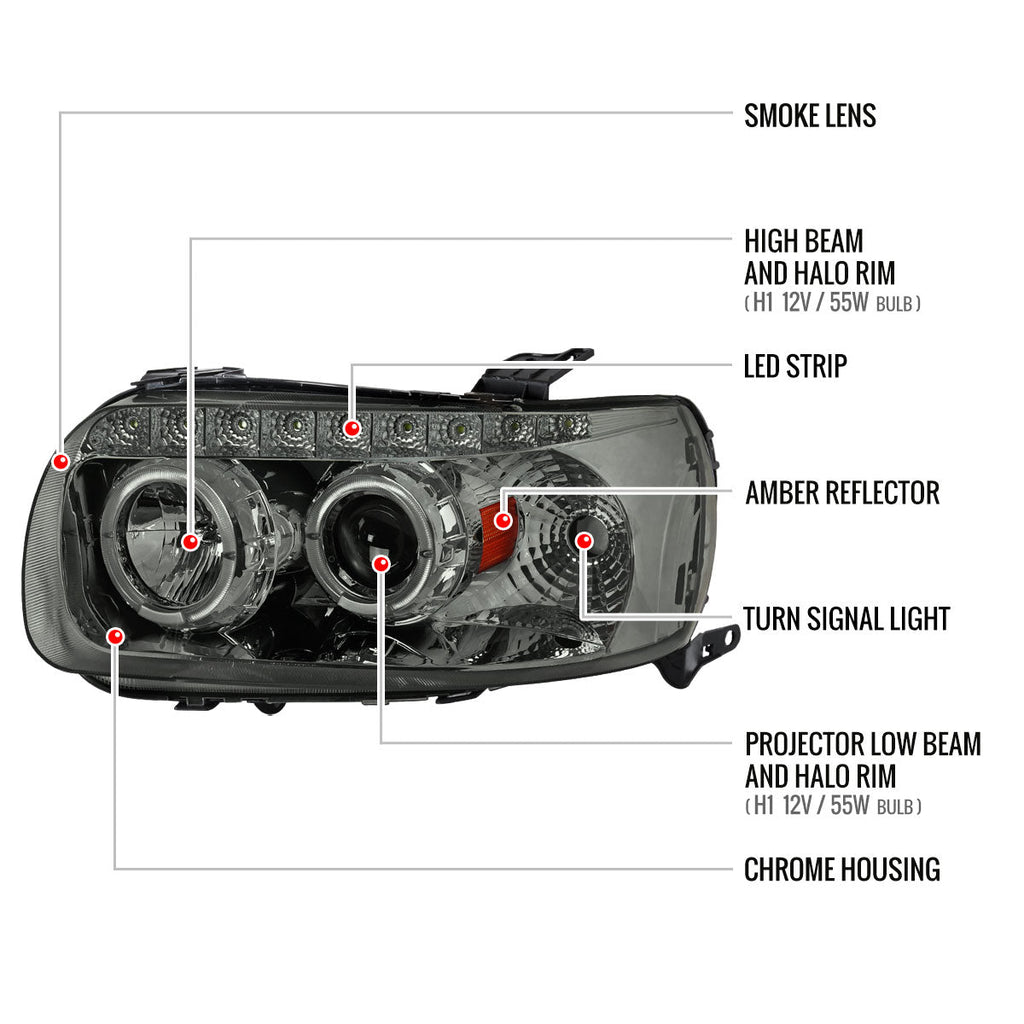 2005-2007 Ford Escape Dual Halo Projector Headlights w/ SMD LED Light Strip (Chrome Housing/Smoked Lens)