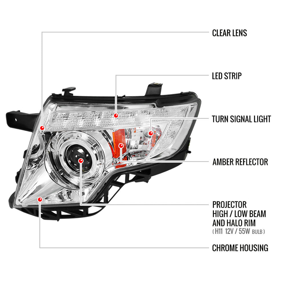 2007-2010 Ford Edge Halo Projector Headlights w/ LED Light Strip (Chrome Housing/Clear Lens)