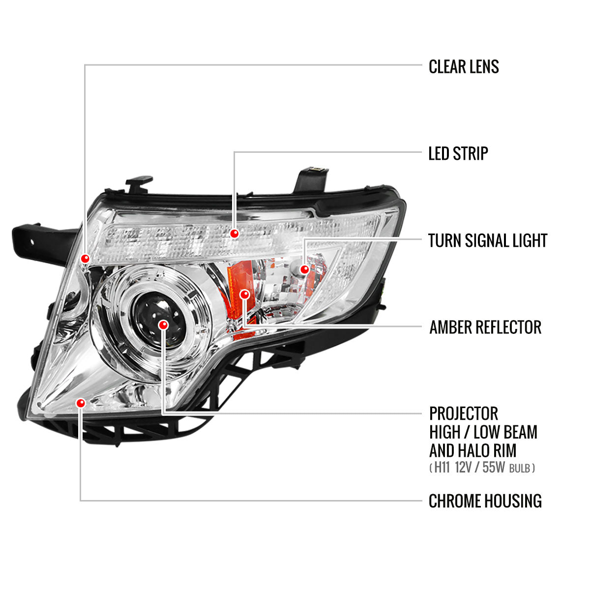 2007-2010 Ford Edge Halo Projector Headlights w/ LED Light Strip (Chrome Housing/Clear Lens)