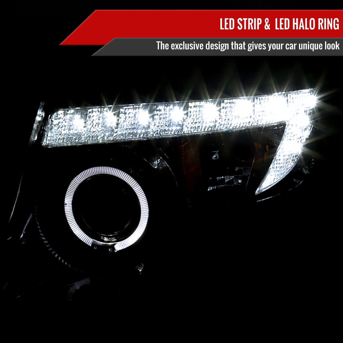 2007-2010 Ford Edge Halo Projector Headlights w/ LED Light Strip (Glossy Black Housing/Smoked Lens)