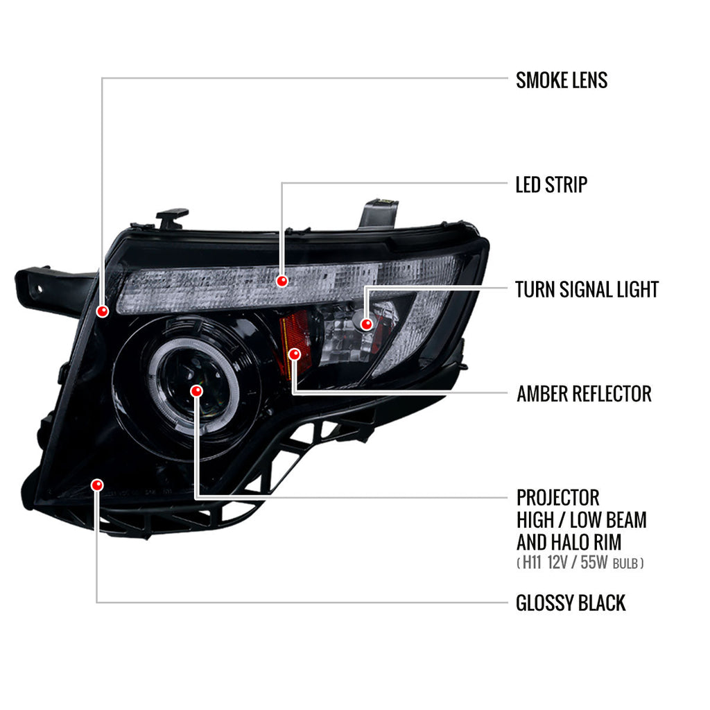 2007-2010 Ford Edge Halo Projector Headlights w/ LED Light Strip (Glossy Black Housing/Smoked Lens)